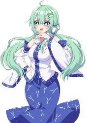 Rule 34 | 1girl, ahoge, alternate hairstyle, blouse, blue skirt, blush, bright pupils, commentary request, crossed legs, detached sleeves, frog hair ornament, furrowed brow, green eyes, green hair, hair between eyes, hair ornament, hair tubes, hand on own hip, highres, kochiya sanae, long hair, looking at viewer, low twintails, ojou-sama pose, open mouth, shirt, simple background, skirt, sleeveless, sleeveless shirt, snake hair ornament, solo, standing, touhou, tsukimirin, twintails, very long hair, white background, white pupils, white shirt