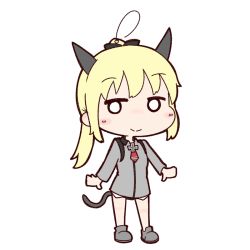Rule 34 | 1girl, animal ears, black footwear, blonde hair, blush, cat ears, charlotte lueder, chibi, cross, erua, honda takashi (enorea), iron cross, long hair, military, military uniform, no pants, shoes, simple background, solo, strike witches, tail, uniform, white eyes, witches of africa, world witches series