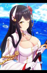 Rule 34 | 1girl, azur lane, black hair, breasts, cleavage cutout, clothing cutout, cloud, commentary request, day, flower, gloves, hair ornament, hiei (azur lane), highres, holding, holding sword, holding weapon, horns, kagiyama (clave), katana, large breasts, long hair, looking at viewer, ocean, one eye closed, outdoors, red flower, red rose, rose, sky, solo, sunlight, sword, water, weapon, white gloves, wide sleeves, yellow eyes