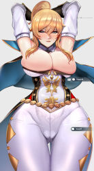 Rule 34 | 1girl, armpits, arms behind head, arms up, badcompzero, blonde hair, blue capelet, blue eyes, breasts, capelet, closed umbrella, curvy, detached sleeves, from below, genshin impact, hair between eyes, heart, heart tattoo, high ponytail, highres, jean (genshin impact), large breasts, multicolored capelet, pants, ponytail, pubic tattoo, sidelocks, tattoo, thigh gap, tight clothes, tight pants, umbrella, white pants