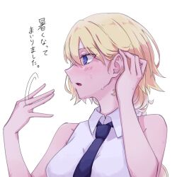 Rule 34 | 1girl, akuterasu, blonde hair, blue eyes, blue necktie, blush, breasts, collared shirt, fate/apocrypha, fate (series), hands up, jeanne d&#039;arc (fate), jeanne d&#039;arc (girl from orleans) (fate), jeanne d&#039;arc (ruler) (fate), long hair, necktie, parted lips, shirt, simple background, sleeveless, sleeveless shirt, solo, sweat, white background, white shirt