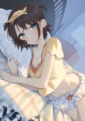 Rule 34 | absurdres, bloomers, blush, breasts, brown hair, cleavage, collarbone, cropped shirt, highres, hololive, indoors, looking at viewer, lying, medium breasts, navel, on bed, on side, oozora subaru, oozora subaru (loungewear), polka dot, polka dot bloomers, shirt, syhan, two side up, virtual youtuber, yellow shirt
