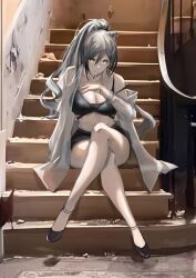 Rule 34 | 1girl, absurdres, animal ears, arknights, baitang (baikaoshixianding), bare legs, black shorts, breasts, cat ears, cleavage, commentary request, crop top, grey hair, highres, indoors, large breasts, long hair, looking at viewer, midriff, navel, off shoulder, open clothes, open shirt, ponytail, schwarz (arknights), shirt, short shorts, shorts, single bare shoulder, sitting, solo, spaghetti strap, stairs, stomach, strap slip, thighs, very long hair, white shirt, yellow eyes
