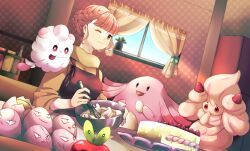 Rule 34 | 1girl, alcremie, applin, apron, bowl, braid, brown eyes, brown hair, cake, chansey, creatures (company), curtains, dutch angle, egg, exeggcute, fire emblem, fire emblem: three houses, food, fruit, game freak, gen 1 pokemon, gen 6 pokemon, gen 8 pokemon, highres, hilda valentine goneril, houzuki ringo, indoors, nintendo, oddish, one eye closed, pokemon, pokemon (creature), red eyes, short hair, strawberry, swirlix, tongue, tongue out, whisk, window