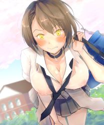 Rule 34 | 1girl, azur lane, bag, baltimore (after-school ace) (azur lane), baltimore (azur lane), beige cardigan, black choker, black necktie, black skirt, blouse, blush, braid, breasts, brown hair, cardigan, cardigan around waist, choker, cleavage, clothes around waist, collared shirt, covered erect nipples, french braid, hatte (bsrmkr), highres, large breasts, loose necktie, miniskirt, necktie, official alternate costume, outdoors, partially unbuttoned, pleated skirt, school bag, see-through, see-through shirt, shirt, short hair, short sleeves, skirt, solo, white shirt, yellow eyes
