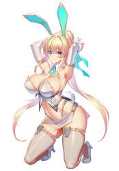 Rule 34 | 1girl, alternate hair length, alternate hairstyle, animal ears, blonde hair, blue eyes, blush, breasts, closed mouth, detached sleeves, fake animal ears, full body, high heels, highres, kneeling, large breasts, leotard, long hair, looking at viewer, navel, nontraditional playboy bunny, original, playboy bunny, rabbit ears, simple background, smile, solo, takamine nadare, thighhighs, twintails, very long hair, white background, white footwear, wrist cuffs