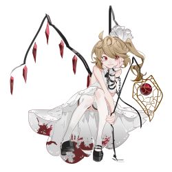 Rule 34 | absurdres, aibivy, alternate color, alternate costume, bare shoulders, black footwear, blonde hair, blood, blood on clothes, bloody clothes, bloody dress, chain, chinese lantern (plant), commentary request, crystal, detached sleeves, dress, flandre scarlet, full body, grin, hair ribbon, hand on own cheek, hand on own face, highres, long hair, no headwear, platform footwear, red eyes, ribbon, shoes, side ponytail, simple background, single sleeve, sitting, smile, thighhighs, touhou, white background, white dress, white ribbon, white thighhighs, wings