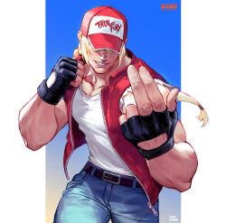 1boy baseball_cap blonde_hair denim fatal_fury fatal_fury_cap fingerless_gloves gloves hat highres jeans kim_hana long_hair looking_at_viewer male_focus muscular pants ponytail simple_background smile snk solo terry_bogard the_king_of_fighters vest