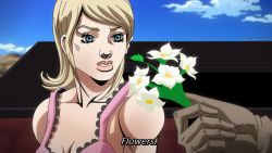 Rule 34 | 1boy, 1girl, araki hirohiko (style), blue eyes, breasts, cleavage, day, derivative work, flower, gloves, grandguerrilla, holding, holding flower, jojo no kimyou na bouken, lucy steel, comic panel redraw, mountain tim, official style, out of frame, outdoors, parted lips, solo focus, steel ball run, subtitled, twitter username
