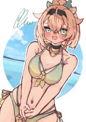 Rule 34 | 1girl, bar censor, bare arms, bikini, black hairband, blonde hair, blue eyes, blush, blush stickers, breasts, breasts squeezed together, censored, curvy, embarrassed, front-tie bikini top, front-tie top, green bikini, hair flaps, hairband, highres, hololive, kazama iroha, looking at viewer, medium breasts, multi-strapped bikini bottom, multi-strapped bikini top, navel, open mouth, ponytail, side-tie bikini bottom, solo, swimsuit, v arms, virtual youtuber, whcamellia00, wide ponytail