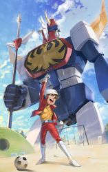 Rule 34 | 1boy, ball, belt, blue belt, boots, brown eyes, brown hair, child, clenched hands, cloud, gloves, hand up, helmet, highres, jacket, knee boots, looking to the side, mecha, muteki robo trider g7, orange shirt, red jacket, robot, science fiction, shirt, shirt tucked in, sky, smile, soccer ball, super robot, takeo watta, trider g7, vldhomecenter, white footwear, white gloves, white headwear