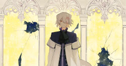 Rule 34 | 1boy, absurdres, arch, coat, crack, hair over one eye, highres, light smile, looking at viewer, male focus, off-shoulder coat, off shoulder, one eye covered, pandora hearts, purple shirt, red eyes, shirt, short hair, solo, upper body, white coat, white hair, xerxes break, xiuning233