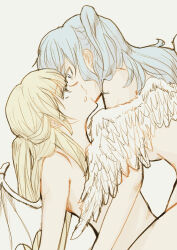 Rule 34 | 2girls, angel and devil, angel wings, ayutarochan, bang dream!, blonde hair, blue hair, blush, breasts, commentary, completely nude, convenient censoring, couple, demon wings, ear blush, eyebrows hidden by hair, eyes visible through hair, feathered wings, girl on top, kissing cheek, long hair, looking at another, matsubara kanon, medium breasts, multiple girls, neck, nude, one side up, parted lips, shirasagi chisato, sideboob, sidelocks, simple background, upper body, white background, wings, yuri
