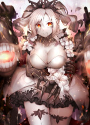 Rule 34 | 1girl, abyssal ship, breasts, cannon, colored skin, commentary, dress, drill hair, flower armlet, kantai collection, large breasts, new light cruiser princess, orange eyes, rigging, rui shi (rayze ray), short dress, sidelocks, solo, thighhighs, turret, twin drills, twintails, white hair, white skin, white thighhighs