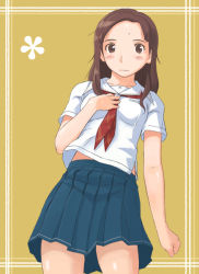 Rule 34 | 1girl, arm at side, blue skirt, blush, breast pocket, breasts, brown eyes, brown hair, clenched hand, collarbone, cowboy shot, flower (symbol), forehead, from below, hand on own chest, imo works, kawada tomoko, kimi kiss, long hair, midriff peek, neckerchief, plaid neckerchief, pleated skirt, pocket, red neckerchief, school uniform, serafuku, shiny skin, short sleeves, skirt, small breasts, solo, tan background