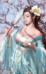 Rule 34 | 1girl, artist name, breasts, brown hair, cherry blossoms, chinese clothes, cleavage, day, earrings, closed eyes, facial mark, flower, forehead mark, gem, hair flower, hair ornament, hand fan, hanfu, highres, holding, jewelry, jinjiulu, long hair, medium breasts, original, outdoors, paper fan, realistic, solo, standing, tassel, uchiwa, wide sleeves