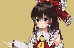 Rule 34 | 1girl, :o, absurdres, ascot, bare shoulders, benjamin button suukina jinsei, blush, bow, brown hair, collar, collarbone, cookie (touhou), detached sleeves, eyebrows, frilled collar, frilled shirt collar, frills, hair between eyes, hair bow, hair tubes, hakurei reimu, highres, kanna (cookie), long hair, long sleeves, open mouth, ponytail, red bow, red eyes, red ribbon, red vest, ribbon, ribbon-trimmed sleeves, ribbon trim, sarashi, simple background, sleeves past wrists, solo, tareme, touhou, upper body, vest, yellow background