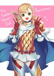 Rule 34 | 1girl, anniversary, armor, blonde hair, braid, cape, copyright name, crown braid, double v, feather trim, fire emblem, fire emblem heroes, gloves, green eyes, highres, kokouno oyazi, long hair, nintendo, open mouth, scale armor, sharena (fire emblem), simple background, skirt, solo, v, white skirt