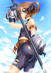 Rule 34 | 1girl, alternate costume, arm strap, armor, ass, bardiche (nanoha), bare shoulders, belt, belt skirt, blue eyes, bodysuit, breasts, brown hair, buckle, cloud, cosplay, covered erect nipples, cowboy shot, day, elbow gloves, fate testarossa, fate testarossa (cosplay), fate testarossa (sonic form), foreshortening, from side, gloves, hair ribbon, halterneck, highres, holding, holding weapon, light smile, looking at viewer, lyrical nanoha, magical girl, mahou shoujo lyrical nanoha, mahou shoujo lyrical nanoha a&#039;s, mahou shoujo lyrical nanoha the movie 2nd a&#039;s, outdoors, polearm, profile, ribbon, shirane koitsu, short hair, short twintails, skin tight, sky, small breasts, smile, solo, takamachi nanoha, turtleneck, twintails, unitard, vambraces, weapon