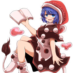 Rule 34 | 1girl, black capelet, black dress, blue eyes, blue hair, blush, book, capelet, clip studio paint (medium), commentary request, doremy sweet, dream soul, dress, full body, hat, looking at viewer, nightcap, open mouth, pom pom (clothes), red hat, short hair, simple background, socks, solo, tail, tapir tail, touhou, two-tone dress, white background, white dress, white socks, yasui nori
