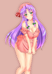 Rule 34 | 1girl, alternate hair color, ass, blush, bow, braid, breasts, cleavage, cosplay, eburi a, embarrassed, frilled skirt, frills, green eyes, hair bow, hanging breasts, hat, hat bow, head tilt, highres, hong meiling, knees together feet apart, long hair, looking at viewer, mob cap, pink shirt, pink skirt, purple hair, remilia scarlet, remilia scarlet (cosplay), ribbon-trimmed collar, ribbon trim, shiny skin, shirt, short sleeves, skirt, skirt tug, solo, thighs, touhou, twin braids, unbuttoned, unbuttoned shirt, undersized clothes, very long hair, wavy mouth