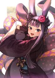 Rule 34 | 1girl, :d, animal, animal ears, animal hug, black gloves, black kimono, blunt bangs, blush, braid, braided bun, chinese commentary, commentary, cowboy shot, double bun, eden (eden871225), english commentary, fake animal ears, fang, floral print, flower, gloves, hair bun, hair flower, hair ornament, half gloves, haori, headpiece, highres, hololive, hololive english, japanese clothes, kimono, long hair, looking at viewer, mixed-language commentary, mole, mole under eye, new year, ninomae ina&#039;nis, ninomae ina&#039;nis (new year), obi, obiage, obijime, official alternate costume, open mouth, pointy ears, purple eyes, purple hair, rabbit ears, sash, smile, solo, standing, takodachi (ninomae ina&#039;nis), teeth, tentacles, upper teeth only, virtual youtuber, wide sleeves