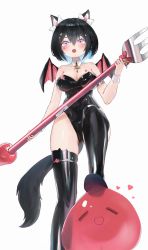 Rule 34 | :d, = =, animal ear fluff, animal ear legwear, animal ears, armlet, bare shoulders, bat wings, black footwear, black hair, black leotard, black tail, black thighhighs, blob, blue hair, bob cut, bow, breasts, cat ear legwear, cat ears, cat tail, colored inner hair, demon wings, detached collar, food-themed hair ornament, fork, hair between eyes, hair bow, hair ornament, hairclip, heart, holding, holding weapon, hoshina suzu, kittysuit, large breasts, latex, latex legwear, latex leotard, leotard, medium hair, multicolored hair, nontraditional playboy bunny, open mouth, purple eyes, smile, solo, stepping, strapless, strapless leotard, strawberry hair ornament, tail, thigh strap, thighhighs, virtual youtuber, wactor production, weapon, white background, wings, wrist cuffs, zuige0318