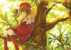 Rule 34 | 1girl, :d, boots, branch, brown hair, cross-laced footwear, day, dress, fred04142, green eyes, hat, in tree, lace-up boots, leaf, looking at viewer, open mouth, original, outdoors, red dress, red hat, short hair, sitting, smile, solo, tree