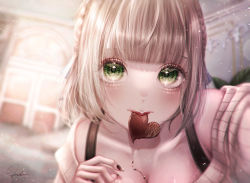 Rule 34 | 1girl, bare shoulders, braid, breasts, candy, chocolate, chocolate heart, cleavage, collarbone, eyelashes, food, green eyes, heart, highres, hololive, indoors, lips, looking at viewer, nail polish, shirogane noel, shirogane noel (casual), short hair, silver hair, solo, spine-chill, sweater, valentine, virtual youtuber
