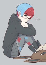 Rule 34 | 1girl, bag, black eyes, blue hair, boots, brown bag, closed mouth, commentary request, creatures (company), crossed arms, eevee, from side, game freak, gen 1 pokemon, glasses, grey pantyhose, hinoyama kou, hood, hood down, hoodie, long sleeves, looking to the side, multicolored hair, nintendo, pantyhose, penny (pokemon), pokemon, pokemon sv, red hair, round eyewear, see-through, see-through skirt, short hair, shorts, shorts under skirt, sitting, skirt, solo, two-tone hair, unworn bag