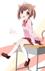 Rule 34 | 1girl, :d, absurdres, ahoge, animal ears, arm support, blush, brown footwear, cat ears, cat girl, cat tail, commentary request, desk, fang, foot dangle, full body, hair ornament, hairclip, head tilt, highres, kneehighs, leaning forward, loafers, long sleeves, looking at viewer, on desk, open mouth, orange eyes, original, paw print, pink shirt, pleated skirt, red skirt, school desk, school uniform, serafuku, shirt, shoes, short hair, short twintails, signature, simple background, sitting, on desk, skirt, smile, socks, solo, tail, tareme, twintails, white socks, xiaosamiao