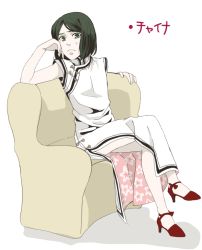 Rule 34 | 1boy, airi h, china dress, chinese clothes, couch, crossdressing, dress, fate/zero, fate (series), green eyes, green hair, crossed legs, male focus, matching hair/eyes, sitting, solo, sweatdrop, trap, waver velvet