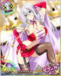 Rule 34 | 1girl, antenna hair, blue eyes, bow, breasts, cape, card (medium), character name, chess piece, choker, cleavage, crop top, elbow gloves, covered erect nipples, gloves, hair ribbon, high school dxd, high school dxd born, large breasts, long hair, microskirt, midriff, miniskirt, navel, official art, red gloves, ribbon, rook (chess), rossweisse, silver hair, skirt, smile, solo, thighhighs, trading card, very long hair