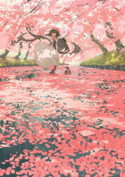 Rule 34 | 1girl, :o, bird, blue eyes, blush stickers, bow, brown hair, cherry, cherry blossoms, day, dress, duck, falling petals, floating clothes, floating hair, food, fruit, full body, grass, hat, hat bow, highres, landscape, long dress, long hair, nature, open mouth, original, outdoors, outstretched arms, petals, pink bow, potg (piotegu), river, scenery, smile, solo, spring (season), tree, very long hair, wading, white dress, white hat, wide shot, wind