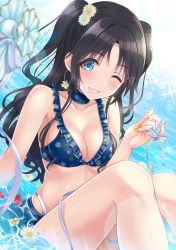 Rule 34 | 1girl, ;d, bare arms, bare legs, bare shoulders, bikini, black hair, blue bikini, blue choker, blue eyes, blush, bow, breasts, choker, cleavage, collarbone, commentary request, earrings, feet out of frame, fingernails, floral print, flower, grin, hair flower, hair ornament, highres, hoop earrings, idolmaster, idolmaster shiny colors, jewelry, knees up, lens flare, long fingernails, long hair, looking at viewer, medium breasts, mitsumine yuika, nail polish, one eye closed, one side up, open mouth, parted bangs, print bikini, shallow water, sitting, smile, solo, sparkle, swimsuit, teeth, urabi (tomatohouse), very long hair, water, white bow, white flower, yellow nails