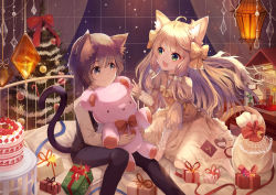 Rule 34 | 1boy, 1girl, :3, ahoge, animal ear fluff, animal ears, bag, black hair, blonde hair, blue eyes, blush, bow, cake, cat boy, cat ears, cat girl, cat tail, christmas, christmas tree, curtains, doll house, dress, food, gift, green eyes, hair bow, hand up, hanging lantern, holding, holding stuffed toy, indoors, juliet sleeves, lantern, letter, long hair, long sleeves, looking at another, naru (kts5584), night, night sky, on bed, open mouth, original, pants, puffy sleeves, sack, sitting, sky, smile, snowing, strawberry cake, stuffed animal, stuffed toy, table, tail, teddy bear, vest, wariza, window