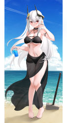 Rule 34 | 1girl, absurdres, arknights, bare arms, bare legs, bare shoulders, barefoot, beach, bikini, black bikini, black choker, black nails, blue sky, choker, cloud, commentary, cup, day, drinking glass, flower, full body, hair between eyes, hair flower, hair ornament, hammer, hand up, highres, holding, holding cup, horns, infection monitor (arknights), long hair, looking at viewer, material growth, mudrock (arknights), mudrock (silent night) (arknights), nail polish, nankaichimu, navel, official alternate costume, oripathy lesion (arknights), outdoors, pointy ears, red eyes, sarong, shadow, sidelocks, sky, solo, standing, stomach, swimsuit, thighs, toenail polish, toenails, very long hair, weapon, white hair, yellow flower