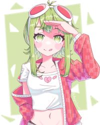 Rule 34 | 1girl, :p, aegissanp, ahoge, blush stickers, bra strap, broken heart, crop top, flipped hair, goggles, goggles on head, green eyes, green hair, gumi, hand up, heart, heart print, highres, jacket, long sleeves, looking at viewer, midriff, navel, off shoulder, panty straps, shading eyes, shirt, short hair with long locks, solo, t-shirt, thick eyebrows, tongue, tongue out, vocaloid
