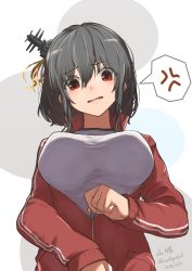 Rule 34 | 1girl, absurdres, alternate costume, black hair, character name, dated, gym uniform, hair ornament, headgear, highres, jacket, kantai collection, long sleeves, open clothes, open jacket, red eyes, red jacket, short hair, solo, track jacket, twitter username, umibudou, wavy mouth, white background, yamashiro (kancolle)