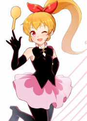 Rule 34 | 1girl, ;d, aikatsu!, aikatsu! (series), balancing, bare shoulders, black bow, blonde hair, blush, boots, bow, commentary request, cosplay, hair bow, hair up, high heel boots, high heels, hoshimiya ichigo, kaitou saint tail, long hair, magical girl, mo sabo, one eye closed, open mouth, pink skirt, pointing, pointing up, ponytail, red bow, red eyes, shamoji, saint tail, saint tail (cosplay), simple background, skirt, sleeveless, smile, solo, white background, wooden spoon