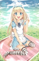 Rule 34 | 1girl, alice (alice in wonderland), alice in wonderland, apron, blonde hair, blue eyes, blush, bow, dress, full body, hair bow, long hair, pointing, ribbon, smile, solo, striped clothes, striped thighhighs, takai seika, thighhighs, waist apron