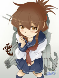 Rule 34 | 10s, 1girl, 4suke, :3, bad id, bad pixiv id, blue skirt, blush, brown eyes, brown hair, character name, folded ponytail, from above, gradient background, highres, inazuma (kancolle), kantai collection, long hair, long sleeves, machinery, pleated skirt, school uniform, serafuku, skirt, smile, solo, turret, twitter username