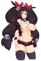 Rule 34 | 1girl, absurdres, bad id, bad tumblr id, big hair, black shorts, black thighhighs, borrowed character, breasts, clothes lift, collar, commentary, groin, hair ribbon, highres, large areolae, large breasts, lenea (eldrid alm), long hair, looking at viewer, navel, nipples, red eyes, red ribbon, ribbon, shirt lift, short shorts, shorts, simple background, skindentation, slugbox, smile, solo, tank top, thick eyebrows, thick thighs, thighhighs, thighs, topless, very long hair, white background