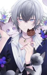 Rule 34 | 1boy, animal, animal on head, blue eyes, candy, cat, close-up, duplicate, ear piercing, food, hair between eyes, highres, holding, holding food, looking at viewer, male focus, muon, on head, original, piercing, pixel-perfect duplicate, siamese cat, solo, symbol-only commentary, watch, white hair, wristwatch