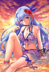 Rule 34 | 1girl, anklet, arm support, bangle, beach, bead anklet, bikini, blue eyes, blue hair, blue nails, blue ribbon, blush, bracelet, breasts, choker, cleavage, closed mouth, cloud, collarbone, emori miku, facepaint, flower, frilled bikini, frills, glint, gold, hair flower, hair ornament, hair ribbon, hairclip, hand up, head tilt, hibiscus, highres, jewelry, knee up, large breasts, liver city, long hair, looking at viewer, multicolored bikini, multicolored clothes, nail art, nail polish, navel, necklace, ocean, orange sky, outdoors, purple sky, ribbon, sakiyamama, sand, shoulder tattoo, sitting, sky, smile, solo, stomach, sun, sunset, swimsuit, tattoo, thigh strap, thighs, very long hair, wet