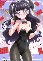 Rule 34 | 1girl, animal ears, black bow, black bowtie, black hair, black leotard, blue eyes, bow, bowtie, breasts, brown pantyhose, card, cowboy shot, delicious party precure, detached collar, fake animal ears, fake tail, gluteal fold, gradient background, hanzou, highres, kasai amane, leotard, long hair, looking at viewer, medium breasts, pantyhose, playboy bunny, playing card, precure, purple background, rabbit ears, rabbit tail, smile, solo, strapless, strapless leotard, tail, traditional bowtie, wrist cuffs