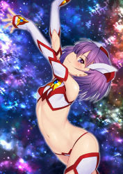 Rule 34 | 1girl, arched back, arms up, bare shoulders, bikini, blush, breasts, closed mouth, cosplay, covered erect nipples, crop top, detached sleeves, elbow gloves, fate/grand order, fate (series), from side, gem, gloves, gold trim, hair between eyes, hat, helena blavatsky (fate), helena blavatsky (swimsuit archer) (fate), helena blavatsky (swimsuit archer) (second ascension) (fate), highres, kazuma muramasa, long sleeves, looking at viewer, looking to the side, midriff, navel, profile, purple eyes, purple hair, short hair, skindentation, sleeves past wrists, small breasts, smile, solo, sparkle, stomach, swimsuit, thighhighs, white thighhighs