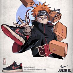 Rule 34 | 1boy, akatsuki uniform, black headband, black jacket, box, brand name imitation, chain, commentary, english text, headband, jacket, jewelry, logo parody, looking to the side, male focus, naruto (series), naruto shippuuden, nike (company), nike air force 1, nose piercing, open hand, orange hair, pain (naruto), piercing, purple eyes, reskdstroy, ring, rinnegan, shoes, sneakers, solo, symbol-only commentary, v-shaped eyebrows