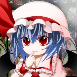 Rule 34 | 1girl, ascot, bat wings, blouse, blue hair, blush, bow, collared shirt, colorized, derivative work, facing viewer, frilled hat, frilled shirt, frills, hand on own face, hat, hat bow, hat ribbon, index finger raised, jio (nayutarooo), looking at viewer, loveeater, mob cap, portrait, puffy sleeves, red eyes, remilia scarlet, ribbon, shirona (amenomurakumo26), shirt, smile, solo, stained glass, touhou, wings, wrist cuffs