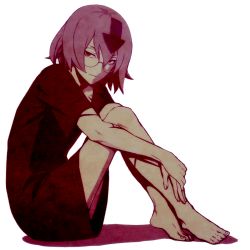 Rule 34 | 1boy, arrow (symbol), barefoot, bedman, dress, glasses, gown, guilty gear, guilty gear xrd, hair between eyes, hospital gown, looking at viewer, purple hair, red eyes, rimless eyewear, round eyewear, short hair, simple background, sitting, solo, tb (spr1110), white background